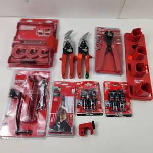 Lot Of Ten Miscellaneous Milwaukee Tools Impact Sockets Stripper Tool Cable Cutter Battery Storage And More
