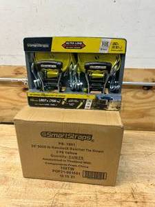 lot 73 image: SMARTSTRAPS Case of 3- Commercial-Grade RatchetX J-Hook Tie-Downs, 14ft. x 1 12in., 2 Pack, 5,000-Lb. Breaking Strength