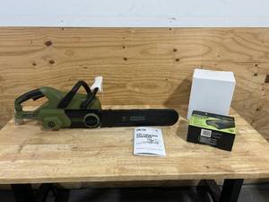 lot 201 image: Green Machine 62V Brushless 16 in. Battery Chainsaw with 2.5Ah battery and charger Model # GMCS6200 (Retail $299)