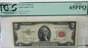1953-B Gem Mint $5 Bill (graded 65 PPQ)