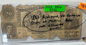 1861 $20 Confederate Bill from Virginia