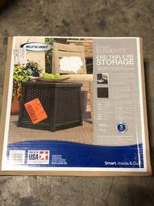 lot 24 image: Suncast 13 Gallon Resin Outdoor Patio End Table Storage Box, Java Customer Returns See Pictures