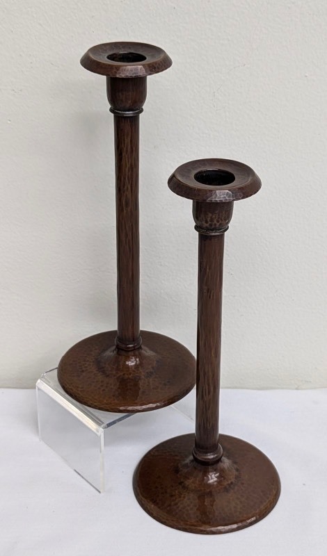 lot 131 image: Vintage Pair of Roycroft Copper Candlesticks