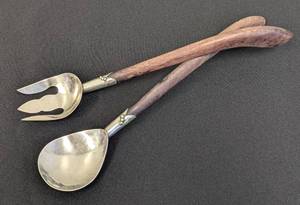 lot 49 image: Wood and Sterling Silver Salad Serving Set from Mexico