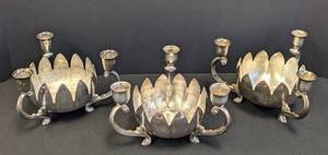 lot 51 image: Three Vintage Silver Plated Lotus Bowl  Candleholders