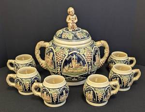 lot 52 image: Vintage West German Stoneware Punch Bowl and Mug Set