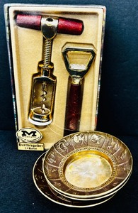 lot 80 image: Bartbergoldet 24KT Plated Wine Opener and Bottle Opener by Monopol and Three Small Vintage Bowls with Zodiac Symbols