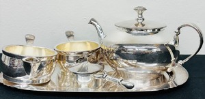 lot 81 image: Vintage Silverplate Tray Creamer Sugar Tea Set by Essay E.P. Copper