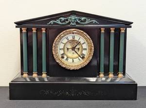 lot 27 image: Antique Ansonia Iron Enamel Mantle Clock with Figural Accents