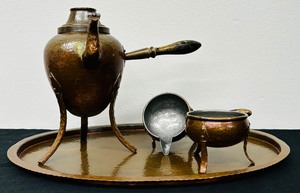 lot 117 image: Antique French Copper Chocolate Pot with Wooden Handle, Antique Apothecary Crucible Melting Pot and 1950s Cauldron with Tray