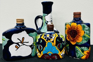 lot 196 image: Vintage Mexican Pottery including Talavera Hand Made Calla Lily Champers Candlestick and Bottle