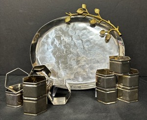 lot 139 image: Set of Silver Plated Hexagon Shaped Napkin Rings and Vintage Gilded Foliage Oval Platter