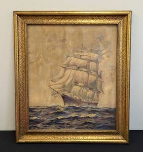 lot 97B image: Vintage Original Sailboat Oil on Canvas Painting by Kominik