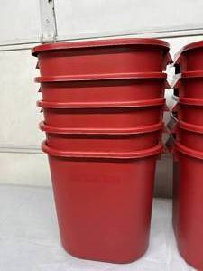 lot 18 image: Lot of 10 NEW Plastic Garbage Trash Bins - Red