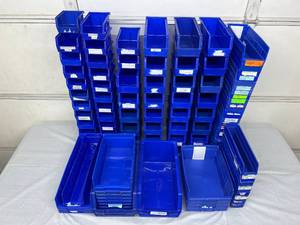 lot 26 image: WOW MSRP $1500 Gigantic Lot of 100 Akro-Mils Item Supply Storage & Organization Bins (mixed sizes) - Hangs On Walls & Perfect For Cart Drawers - These bins reduce manufacturers storage space by 50% Excellent Condition