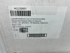 lot 49 image: MSRP $300  1 Case (900 wipes per case) NEW Contec Healthcare HCC20001 100-Pack 17 x 9 Low-Lint Creped Hand Drying Wipes - White (open box)