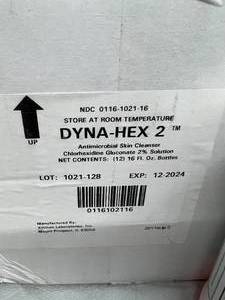 lot 52 image: MSRP $200 1 Case (12 each - 16 fl. oz. bottles) NEW Dyna-Hex 2 Chlorhexidine Gluconate 2% Solution Antimicrobial Surgical Scrub Skin Cleansers - Expiration 1224