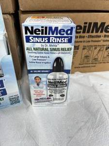 lot 68 image: MSRP $500  4 Cases (12 boxes per case) NEW NeilMed M100123 Sinus Rinse by Dr. Mehta All Natural Sinus Relief Soothing Saline Solution - 8 oz. Squeeze Bottles and Premixed Packet Plus Coupons Packs - Expiration 1027