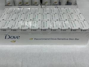 lot 74 image: MSRP $600  6 Cases (24 bottles per case) NEW Dove Irritation Care Sensitive Skin Fragrance Free Nourishing Body Washes - Trial Size (1.8 fl oz) & Lot of 60 NEW Dove Sensitive Skin Soap Bars