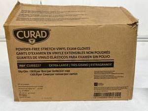 lot 82 image: MSRP $200  1 Case (1300 gloves per case) NEW Curad CUR9227 Powder-Free Stretch Vinyl Exam Gloves - Size XL (open box)