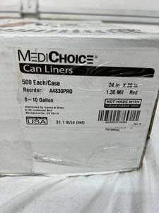 lot 87 image: MSRP $225  1 Case (500 each) NEW MediChoice A4830PRO 24 x 30 8-10 Gallon 1.30 Mil Can Liners - Red