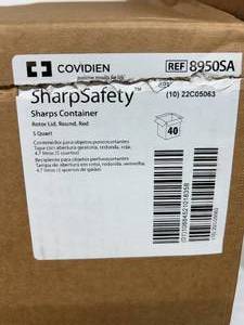 lot 11 image: MSRP $400  1 Case (40 each) NEW Covidien 8950SA 5 qt. SharpSafety Rotor Lid Round Sharps Container Wast Receptacles With Lids - Red - Open Box