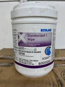 lot 14 image: 1 Case (12 each) NEW Ecolab 6000261 6 x 6.75 220-Pack All-In-One Bactericide Virucide Tuberculocide Deodorizer Disinfectant 1 Wipes (open box)