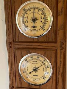 lot 7 image: Vintage Springfield Weather Station in Faux Wood Thermometer, Barometer & Humidity Weather Instrument in Working Condition