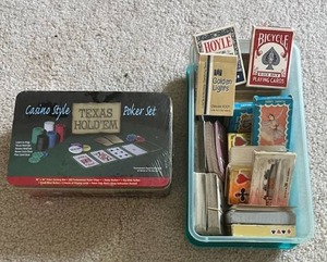 lot 119 image: New (Sealed) Texas Hold em Poker Set and Vintage Poker Playing Cards Lot
