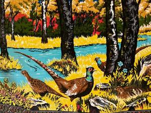 lot 140 image: Vintage Vibrant Velvet-Like Pheasants Wall Tapestry (39 x 55) in Good Condition