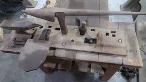 WOODEN TABLE  BENCH WITH ANVIL TOOLING.