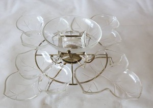 lot 714 image: Hazel Atlas Crystal Susan Brass N Glass Maple Leaf Buffet, Lazy Susan Snack Set, Colony Glass Center Dip Bowl #8766