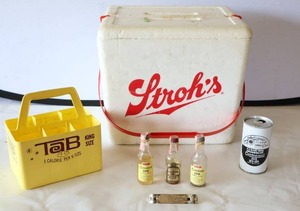 lot 717 image: Vintage Advertising Beverage Memorabilia Tab Soda Pop Plastic Case, Strohs Styrofoam Cooler, Miniature Whiskey Bottles Canadian LTD Etc, Hamms Beer Opener