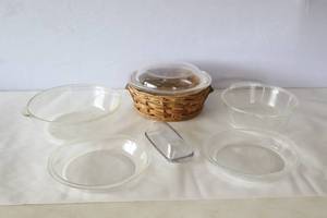 lot 822 image: Round Pyrex Baker and Basket Etc
