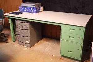 lot 828 image: Vintage Heavy Metal Desk wFormica Top and Additional Four-Drawer Metal Storage Cabinet Below