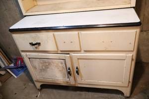 lot 836 image: Antique Two-Piece Kitchen Farmhouse Cupboard By Sellers MCM Hardware wHand Painted Stencil Design