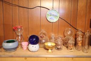 lot 844 image: Vintage Floral Arranging Pots, Blue Glass Ball, Apothecary Jars Etc