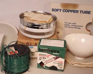 lot 846 image: Electrical AccessoriesSoft Copper Tubing, NIB() 14-3 UF-B Outdoor Copper Electrical Wire, Vintage Ceiling Lights Etc