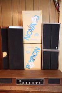 lot 852 image: Radio Shack Realistic NOVA-16 2-Way Speaker System NIB, GE 17 Speakers, Sound Design Wide Range 32 Speakers, Quality Sound Stereo Multiplex 37 x 9 x 5.5