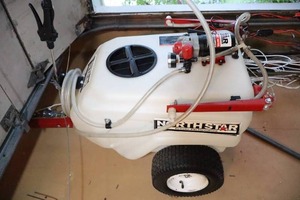 lot 801 image: NorthStar Tow-Behind Trailer Boom Broadcast and Spot Sprayer 21-Gallon Capacity 2.2 GPM 12 Volt DC