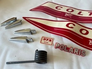 lot 807 image: Vintage 1969 70s Stickers Emblems  Decals Polaris Colt Etc.