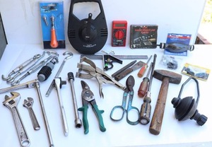 lot 18 image: Garage Shop...Geared Surveyors Tape Measure, Tube Amp Bias Probe, Socket Wrench Pocket Set, Hand Tools Etc.