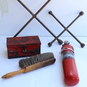 lot 20 image: Garage Shop...Tire Iron 4-Way Lug Wrench, Vintage Portable LaFrance Fire Extinguisher, Dietz Metal Box Etc