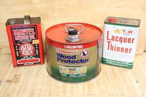 lot 96 image: Vintage Shop Advertising Cans Marvel Mystery Oil, Lacquer Thinner Etc