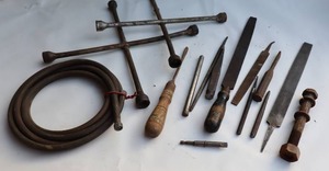 lot 104 image: Vintage Hand Tools Chisels & Files, 4-Way Lug Wrench, Flexible Gas Hose Etc