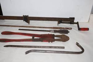 lot 102 image: Vintage Hand Tools Hand Crank Bar Clamp, Goose Neck Crow Wrecking Bar, Bolt Cutter Etc...