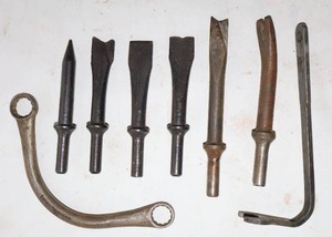lot 120 image: Vintage Chrome Molybdenum 58 & 916 Curved Tiger Tools Combo Wrench, Air Tool Chisel Spike Claw Bits Etc
