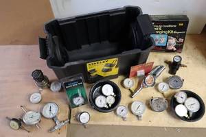 lot 171 image: Lot Of PRESSURE GAUGES, Stanley Tool Box And A Home Air Conditioner Test & Charging Kit