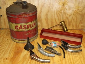 lot 185 image: Vintage Gas Can, Oil Can Spouts, Vintage Eagle Brass Oil Can And More