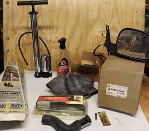 lot 244 image: Car Parts...Heavy Duty Tire Pump, Tire Shine, Head Light, Tire Inner Tube, Rear View Mirror, NIB OEM Interior Rearview Mirror, 04 Chevy Coolant Hose